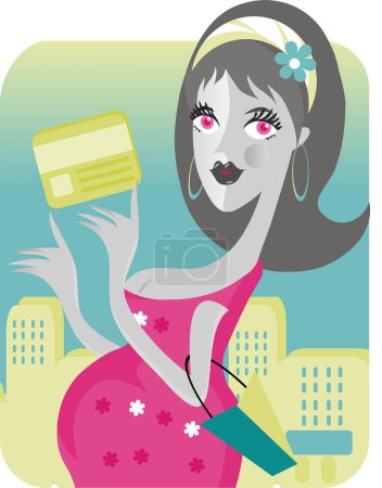 Téléchargez les illustrations : Vector illustration of pregnant woman with a credit card - en licence libre de droit