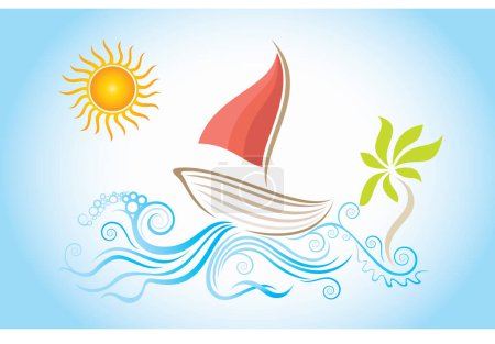 Téléchargez les illustrations : Fond vectoriel avec bateau sur vagues de mer - en licence libre de droit