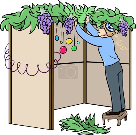 Téléchargez les illustrations : Homme décorant des fleurs dans l'arbre de Noël - en licence libre de droit