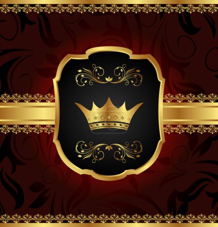 Téléchargez les illustrations : Couronne dorée sur fond noir avec ruban rouge et couronne dorée - en licence libre de droit