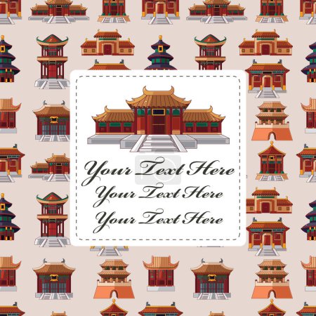 Téléchargez les illustrations : Carte du nouvel an chinois avec bâtiments traditionnels et lanternes, illustration vectorielle - en licence libre de droit