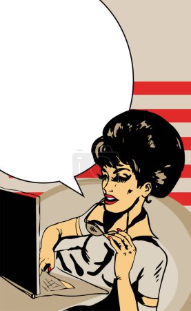 Téléchargez les illustrations : Pop art rétro femme avec bulle de parole de travail sur ordinateur portable - en licence libre de droit