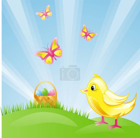 Téléchargez les illustrations : Illustration d'un poulet jaune et d'œufs de Pâques - en licence libre de droit