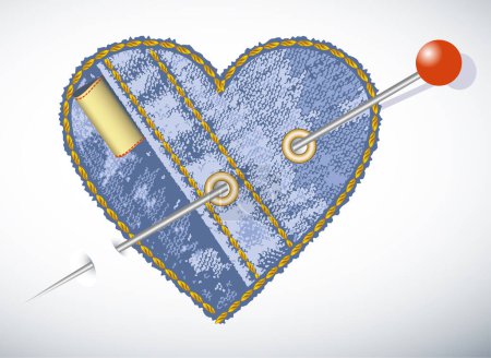 Téléchargez les illustrations : Coeur avec fil, fil, aiguille, outils à coudre - en licence libre de droit