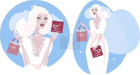 Illustration for Set of beautiful girl in a white dress with gift boxes. valentine 's day. the girl is a gift. - Royalty Free Image