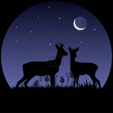 Téléchargez les illustrations : Illustration de deux cerfs avec la lune - en licence libre de droit