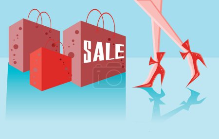 Illustration for Vector sale background with woman in red shoes with shopping bags - Royalty Free Image