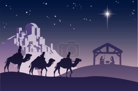 Ilustración de Feliz Navidad con la sagrada familia - Imagen libre de derechos