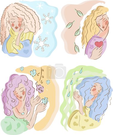 Ilustración de Conjunto de cuatro mujeres con diferentes emociones. ilustración vectorial - Imagen libre de derechos