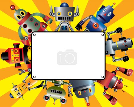 Ilustración de Robots divertidos y banner en blanco - Imagen libre de derechos