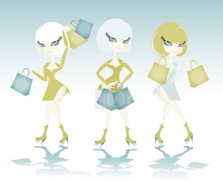 Illustration for Three young women with different shopping bags. - Royalty Free Image