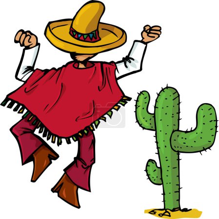 Illustration for A cartoon illustration of a mexican sombrero with a cactus and a cowboy. - Royalty Free Image