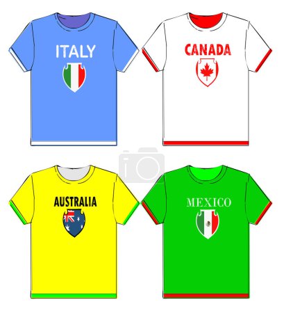 Illustration for Set of different t-shirts with flags of different countries: Italy, Canada, Australia, Mexico - Royalty Free Image