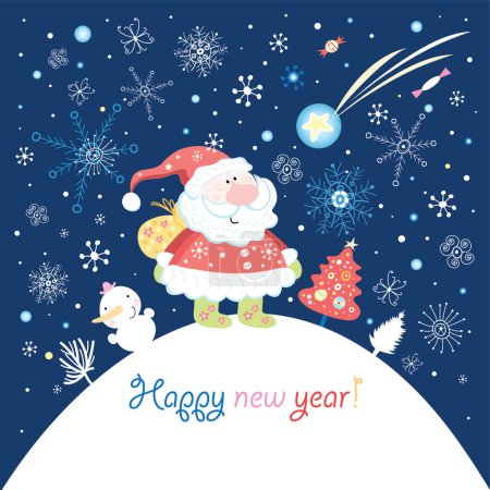 Ilustración de Feliz año nuevo y fondo de Navidad con Santa Claus y muñeco de nieve - Imagen libre de derechos