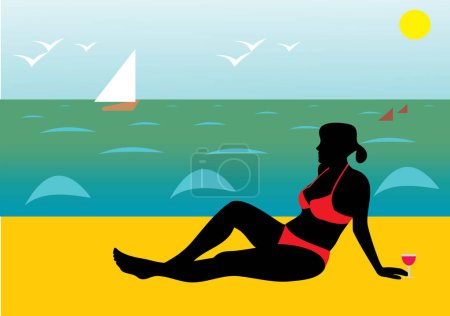 Ilustración de Mujer en bikini sentada en la playa. vacaciones de verano. ilustración vectorial. - Imagen libre de derechos