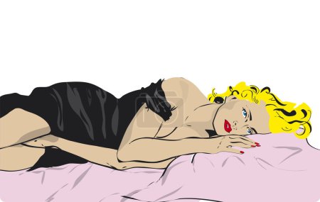 Illustration for Woman in black lingerie and stockings lie on the bed - Royalty Free Image