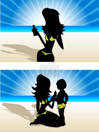 Téléchargez les illustrations : Silhouette de fille et sa mère en bikini sur la plage - en licence libre de droit