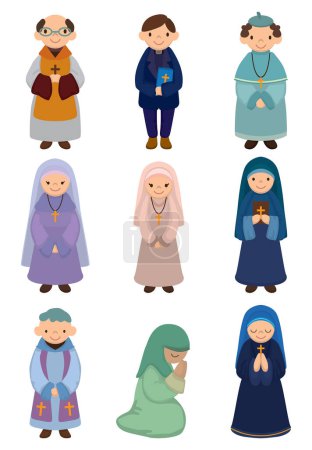 Ilustración de Conjunto de diferentes personajes, sacerdotes cristianos y monjas, ilustración vectorial aislado sobre fondo blanco. - Imagen libre de derechos