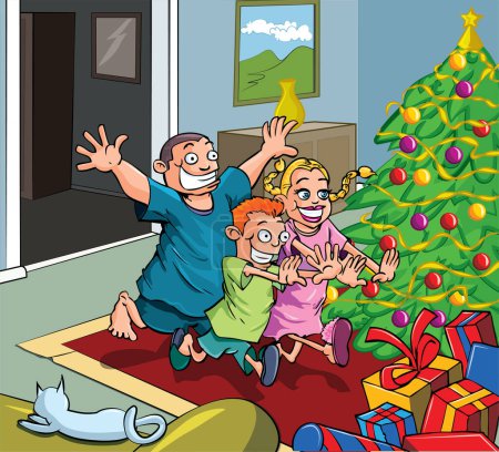 Téléchargez les illustrations : Heureuse famille célébrant Noël dans la maison - en licence libre de droit