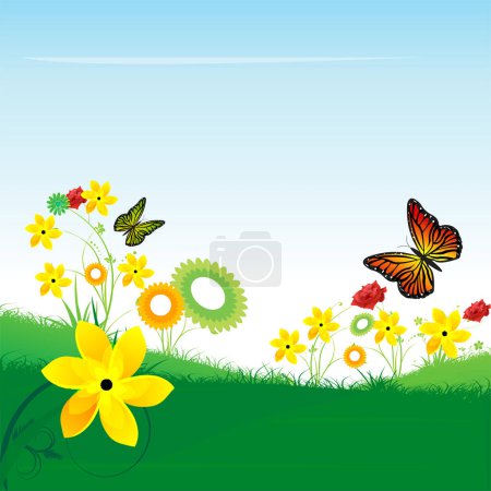 Ilustración de Ilustración de mariposas y flores en el campo - Imagen libre de derechos
