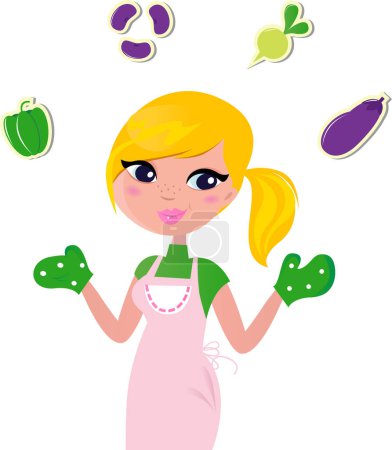 Ilustración de Chica malabarismo algunas frutas, vector de ilustración - Imagen libre de derechos