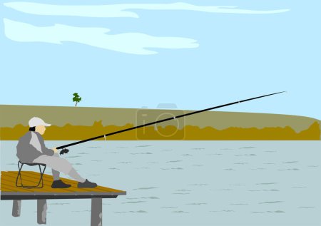 Ilustración de Hombre sentado en un muelle de pesca, ilustración vectorial - Imagen libre de derechos