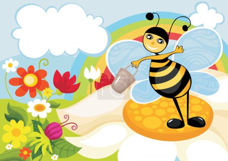 Illustration for Cartoon illustration of funny little bee on flowers - Royalty Free Image