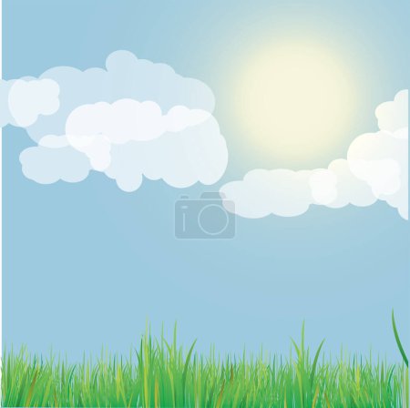 Téléchargez les illustrations : Paysage estival avec herbe verte et nuages - en licence libre de droit
