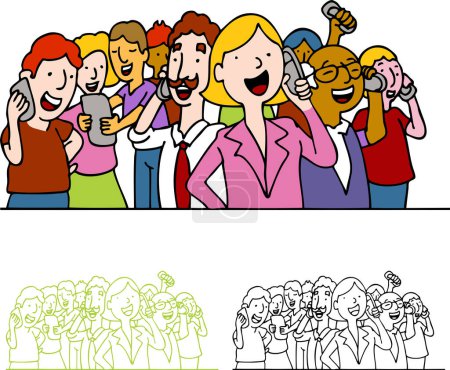 Illustration for Cartoon happy people group using phones, vector simple design - Royalty Free Image