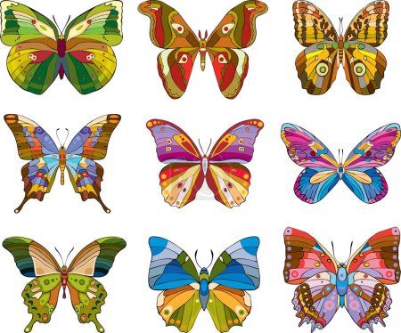 Téléchargez les illustrations : Ensemble de différents papillons isolés sur fond blanc, illustration vectorielle - en licence libre de droit