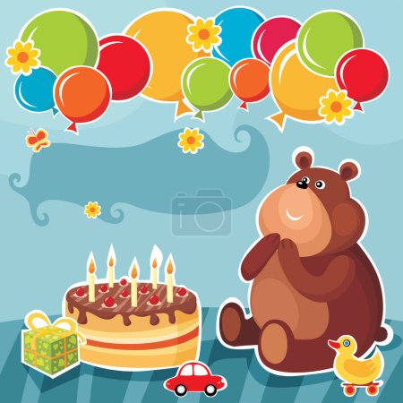 Ilustración de Plantilla de tarjeta de cumpleaños con oso lindo - Imagen libre de derechos