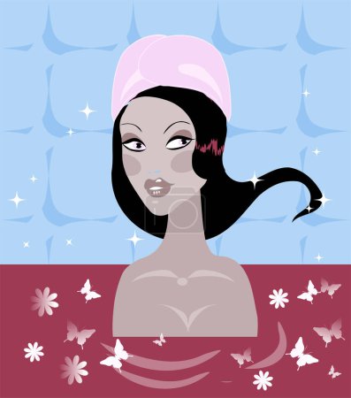 Téléchargez les illustrations : Belle fille avec une serviette rose sur la tête - en licence libre de droit