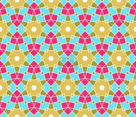 Ilustración de Patrón sin costura vectorial con estrellas y cuadrados en verde, rosa, azul - Imagen libre de derechos