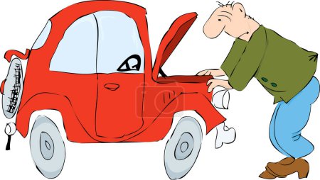 Téléchargez les illustrations : L'homme devant le capot ouvert de la voiture. Illustration vectorielle - en licence libre de droit
