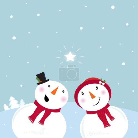 Téléchargez les illustrations : Snowman couple with christmas trees - en licence libre de droit