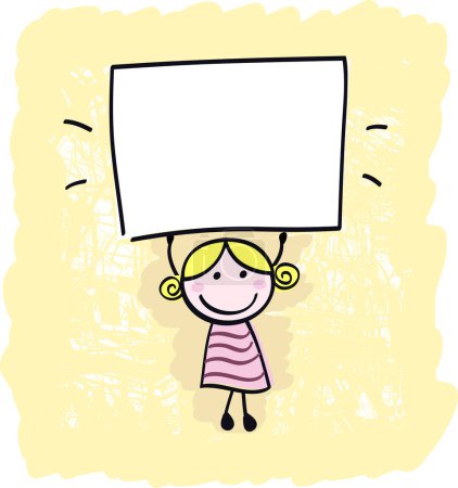 Téléchargez les illustrations : Un enfant tenant une affiche vierge avec une grande bannière blanche - en licence libre de droit
