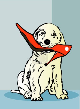 Téléchargez les illustrations : Illustration vectorielle de chien dessin animé avec chaussure dans la bouche - en licence libre de droit