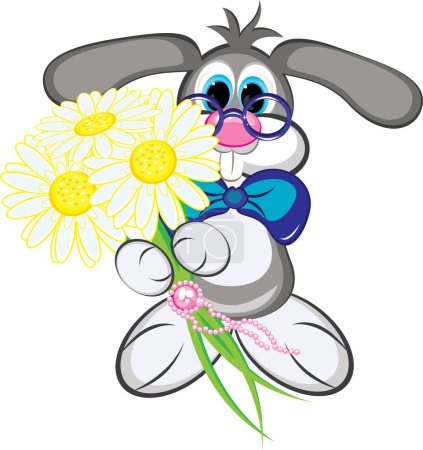Ilustración de Lindo conejito de dibujos animados con un ramo de flores, vector de ilustración - Imagen libre de derechos