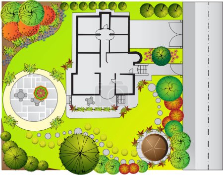 house plan with garden, modern vector illustration