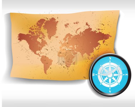 Téléchargez les illustrations : Carte du monde et boussole en papier vectoriel - en licence libre de droit