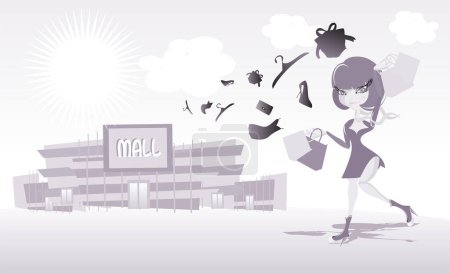 Ilustración de Chica con bolsas de compras, vector moderno ilustración - Imagen libre de derechos