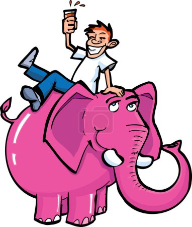 Téléchargez les illustrations : Illustration vectorielle d'un homme heureux sur éléphant rose - en licence libre de droit