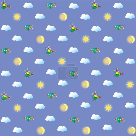 Ilustración de Patrón con helicópteros, nubes, sol, luna, estrellas y aviones - Imagen libre de derechos