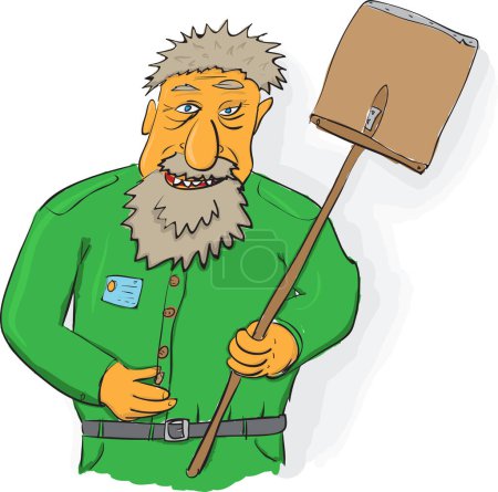 Téléchargez les illustrations : Une illustration de dessin animé d'un agriculteur avec une pelle - en licence libre de droit