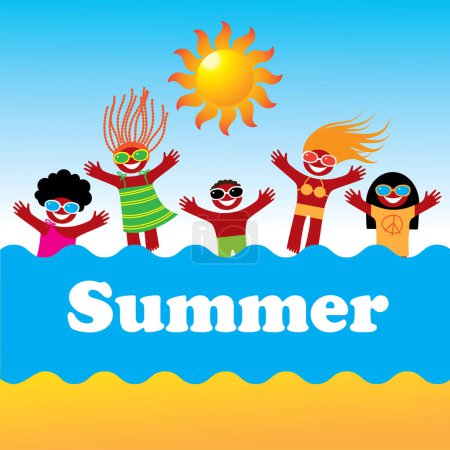 Téléchargez les illustrations : Plage d'été avec enfants. vecteur - en licence libre de droit