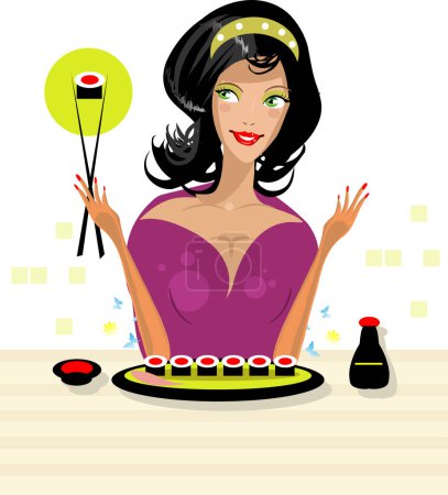 Illustration for Vector cartoon woman with sushi - Royalty Free Image