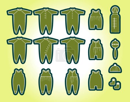 Téléchargez les illustrations : Ensemble de vêtements verts pour les enfants icônes. illustration vectorielle - en licence libre de droit