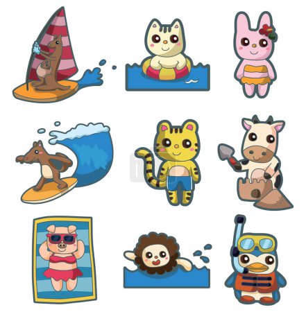 Ilustración de Conjunto de iconos de vacaciones de verano, estilo de dibujos animados - Imagen libre de derechos