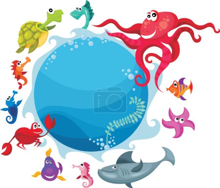 Ilustración de Dibujos animados animales marinos con criaturas marinas - ilustración para los niños - Imagen libre de derechos