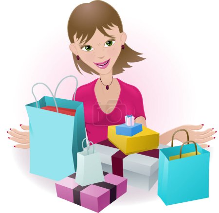 Téléchargez les illustrations : Shopping fille avec de nombreux cadeaux, illustration vectorielle - en licence libre de droit